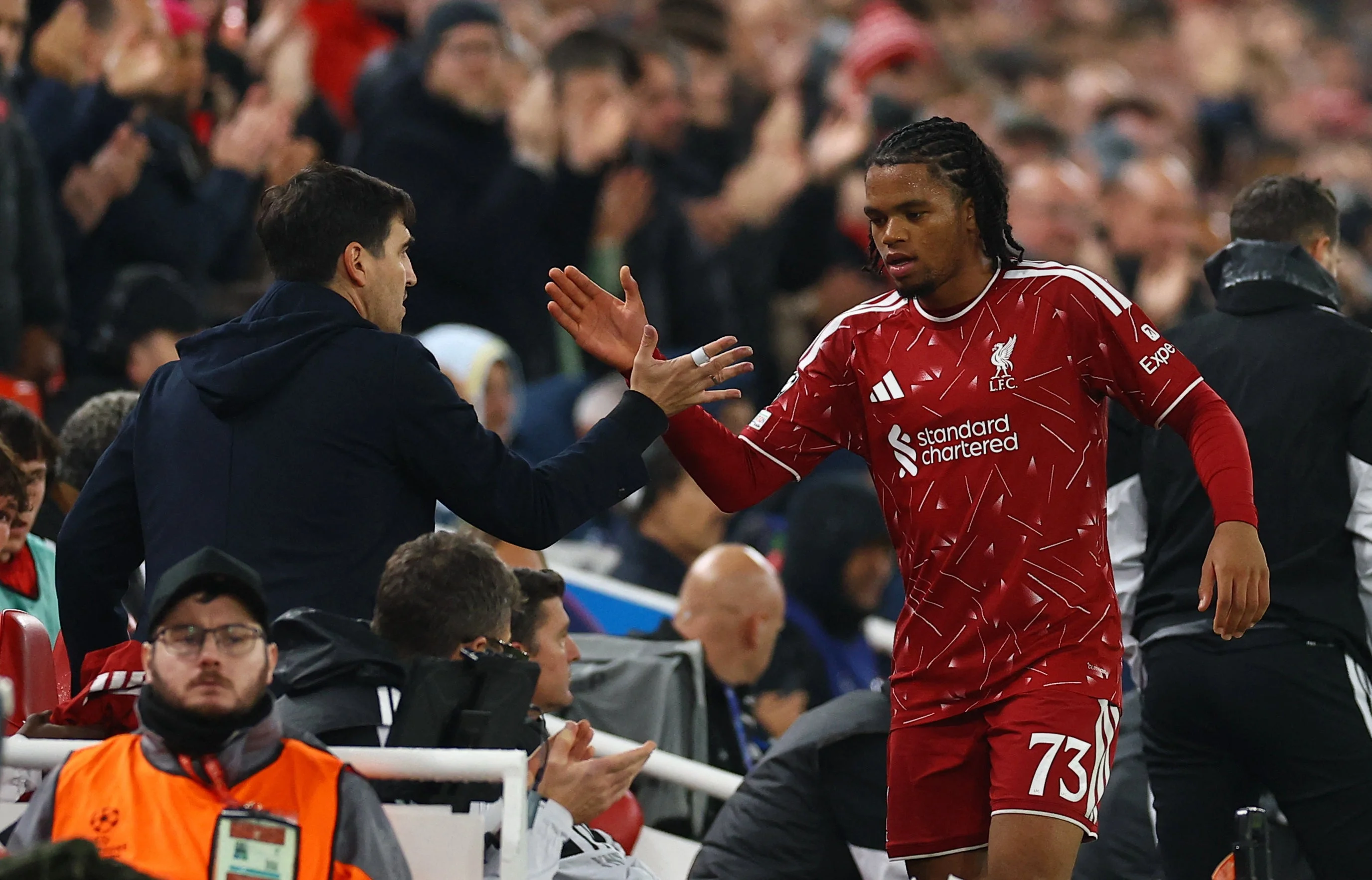Rio Ngumoha (right) produced a standout performance in the Champions League in midweek