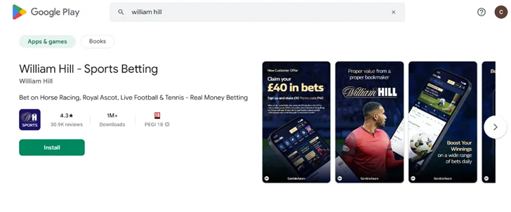 How to Download William Hill for Android
Type ‘William Hill’ in the search bar
Tap the green Install button
